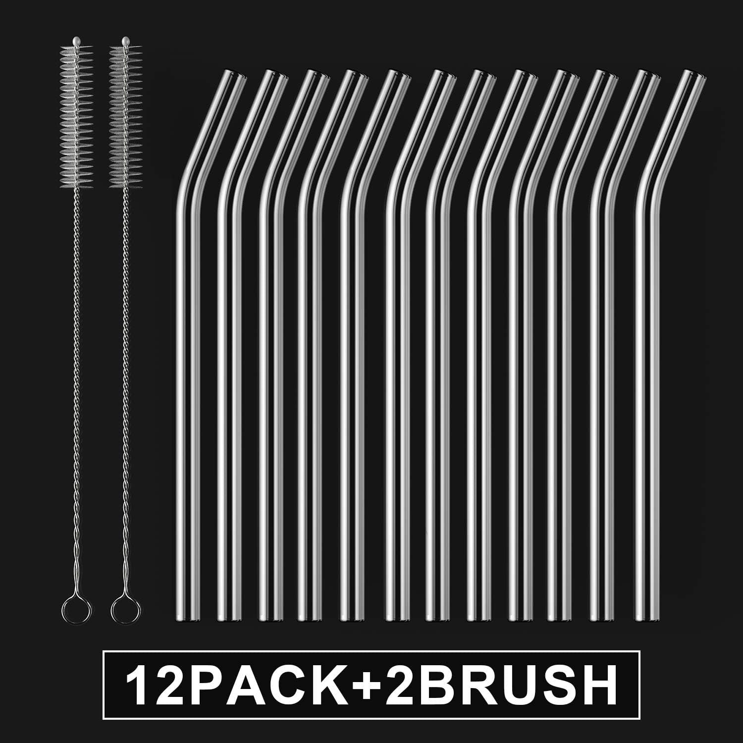 12-Pack Reusable Glass Straws,Size 8''X10 Mm,Including12 Bent with 2 Cleaning Brush- Perfect for Smoothies, Tea, Juice