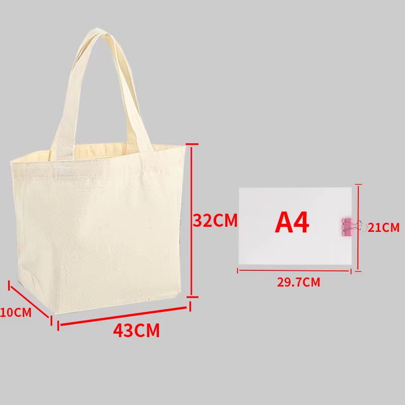 Large Capacity Canvas Shopping Bags Folding Eco-Friendly Cotton Tote Bags Reusable DIY Shoulder Bag Grocery Handbag Beige White