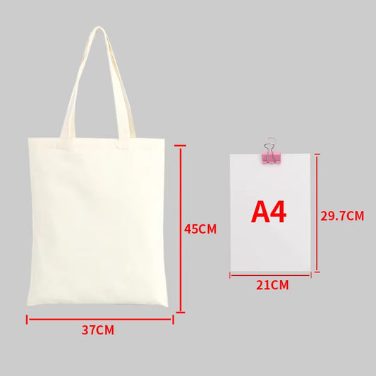 Large Capacity Canvas Shopping Bags Folding Eco-Friendly Cotton Tote Bags Reusable DIY Shoulder Bag Grocery Handbag Beige White