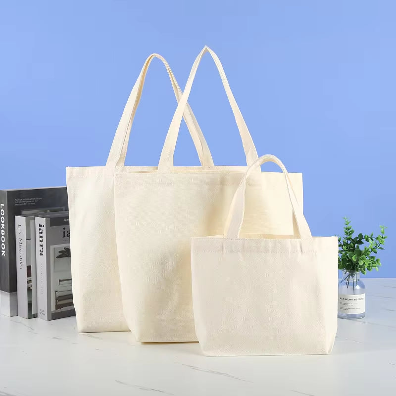 Large Capacity Canvas Shopping Bags Folding Eco-Friendly Cotton Tote Bags Reusable DIY Shoulder Bag Grocery Handbag Beige White