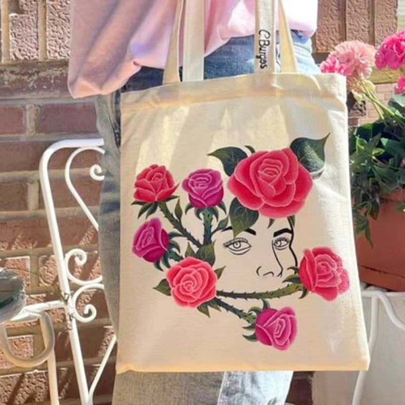 Large Capacity Canvas Shopping Bags Folding Eco-Friendly Cotton Tote Bags Reusable DIY Shoulder Bag Grocery Handbag Beige White