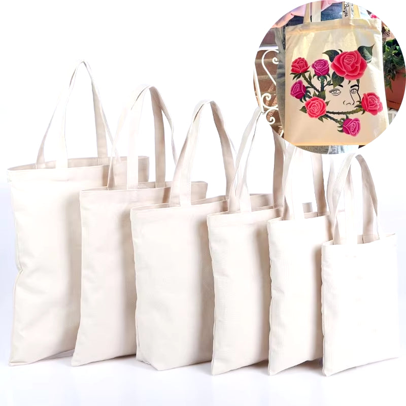 Large Capacity Canvas Shopping Bags Folding Eco-Friendly Cotton Tote Bags Reusable DIY Shoulder Bag Grocery Handbag Beige White