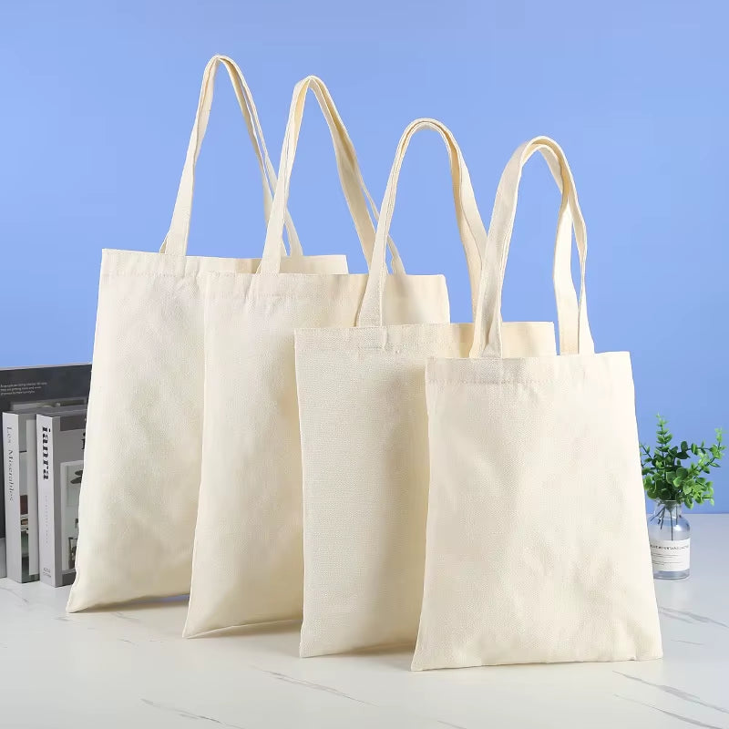 Large Capacity Canvas Shopping Bags Folding Eco-Friendly Cotton Tote Bags Reusable DIY Shoulder Bag Grocery Handbag Beige White