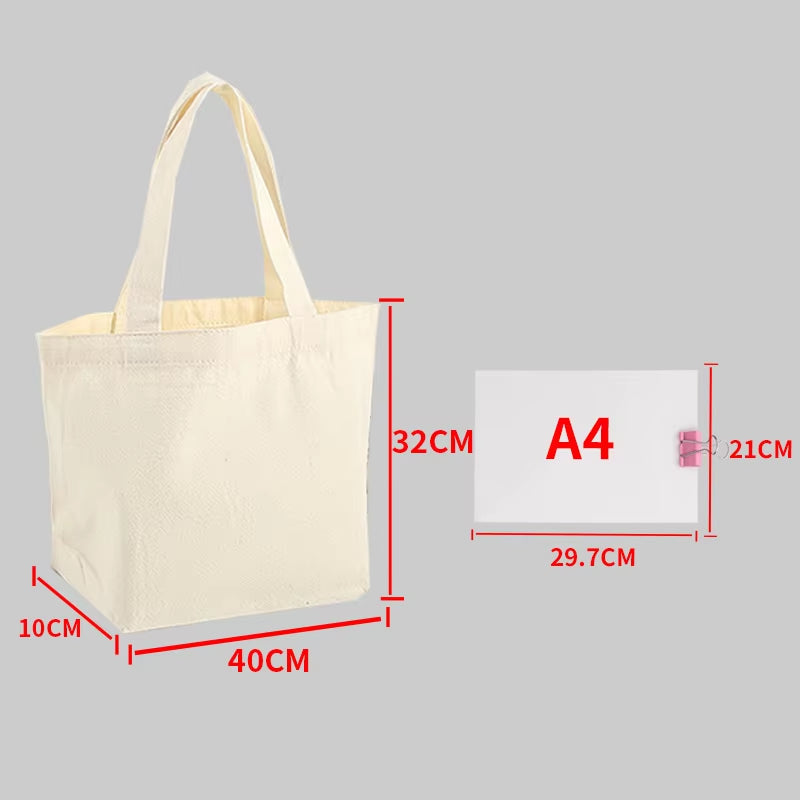 Large Capacity Canvas Shopping Bags Folding Eco-Friendly Cotton Tote Bags Reusable DIY Shoulder Bag Grocery Handbag Beige White