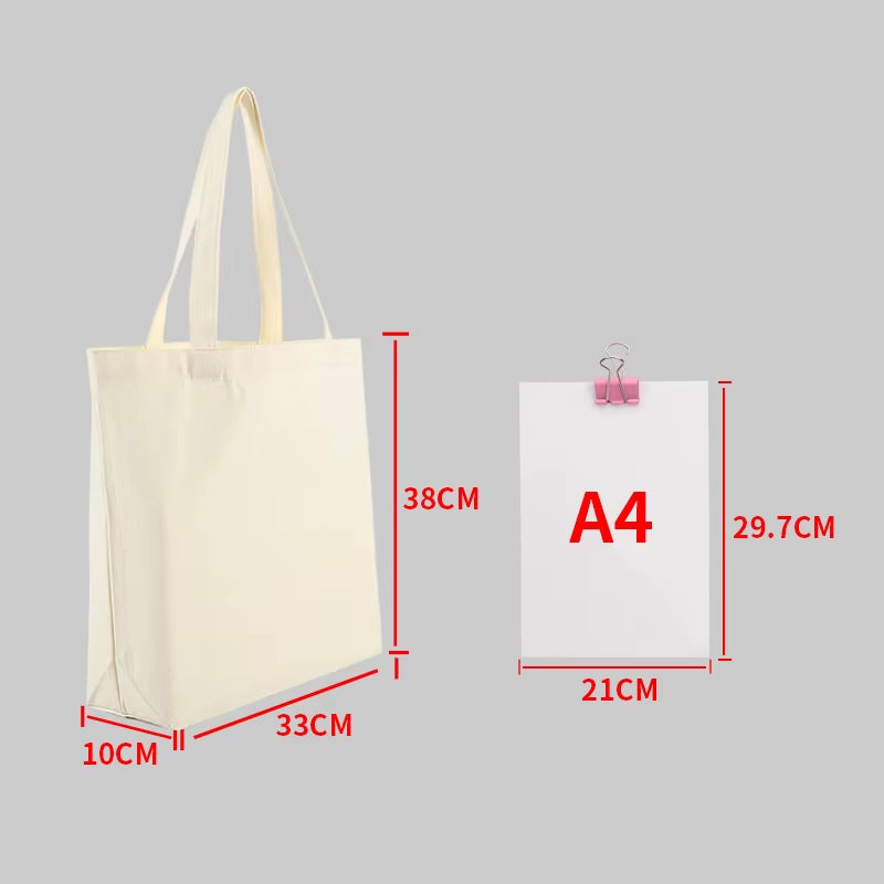 Large Capacity Canvas Shopping Bags Folding Eco-Friendly Cotton Tote Bags Reusable DIY Shoulder Bag Grocery Handbag Beige White