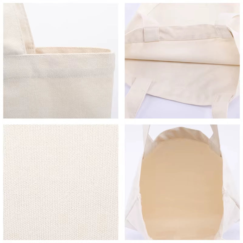 Large Capacity Canvas Shopping Bags Folding Eco-Friendly Cotton Tote Bags Reusable DIY Shoulder Bag Grocery Handbag Beige White