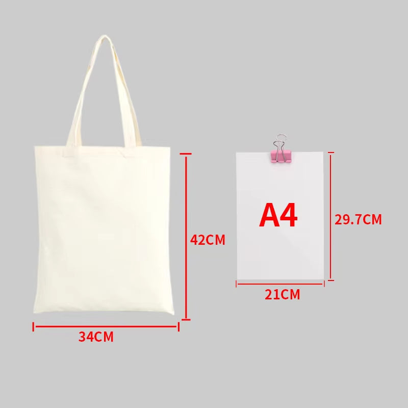 Large Capacity Canvas Shopping Bags Folding Eco-Friendly Cotton Tote Bags Reusable DIY Shoulder Bag Grocery Handbag Beige White