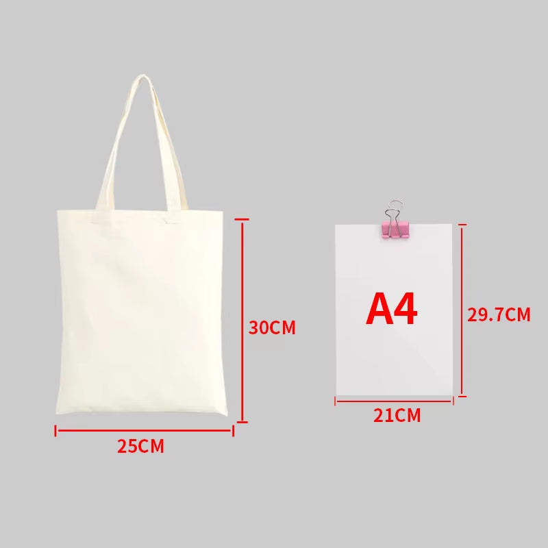 Large Capacity Canvas Shopping Bags Folding Eco-Friendly Cotton Tote Bags Reusable DIY Shoulder Bag Grocery Handbag Beige White