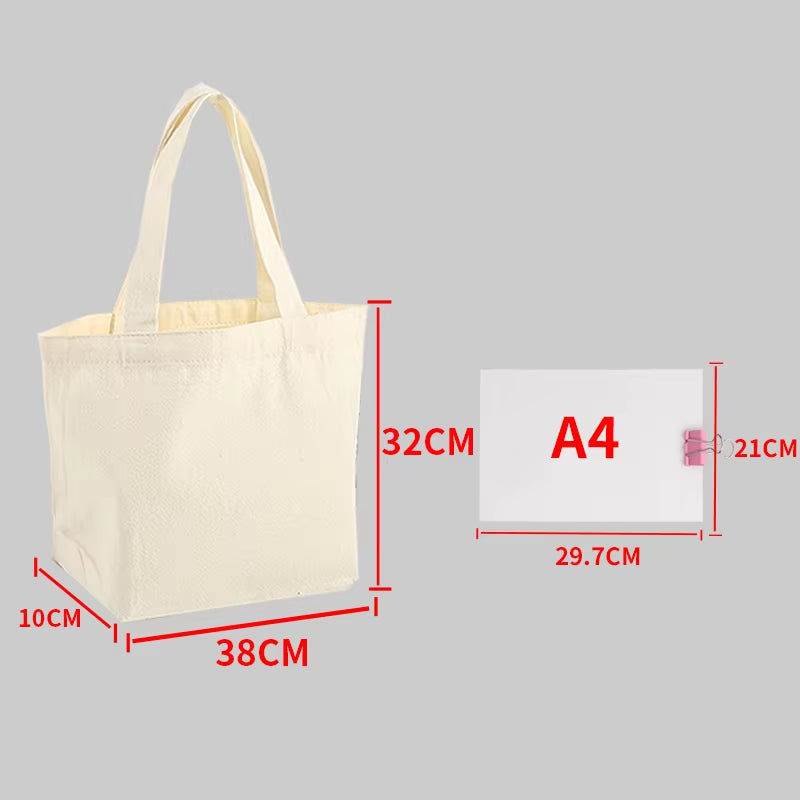 Large Capacity Canvas Shopping Bags Folding Eco-Friendly Cotton Tote Bags Reusable DIY Shoulder Bag Grocery Handbag Beige White