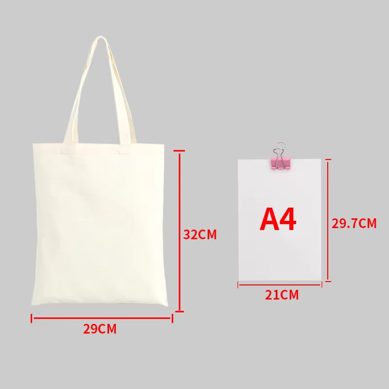 Large Capacity Canvas Shopping Bags Folding Eco-Friendly Cotton Tote Bags Reusable DIY Shoulder Bag Grocery Handbag Beige White